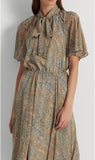 Lauren Ralph Lauren Women's Paisley Crinkle Georgette Tie-Neck Dress Size 16